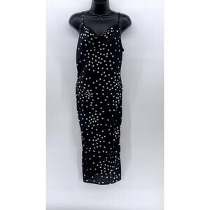 BEBE Women's Black-White Polka Dot Satin Cowl-Neck Slip Midi Dress SZ S
